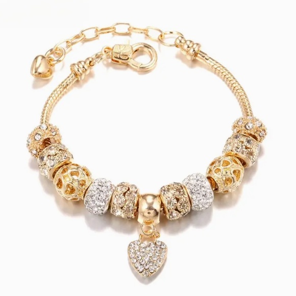 Golden Beaded Bracelet With Heart, Rhinestones, Alloy (Mixture of Metals) NWT - Picture 1 of 5